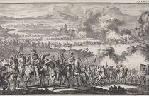 A historical etching of the Battle of the Boyne, c.1690