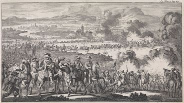 A historical etching of the Battle of the Boyne, c.1690