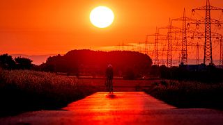 A man rides his bike on a small road in the outskirts of Frankfurt, Germany, as the sun rises on July 9, 2023. 