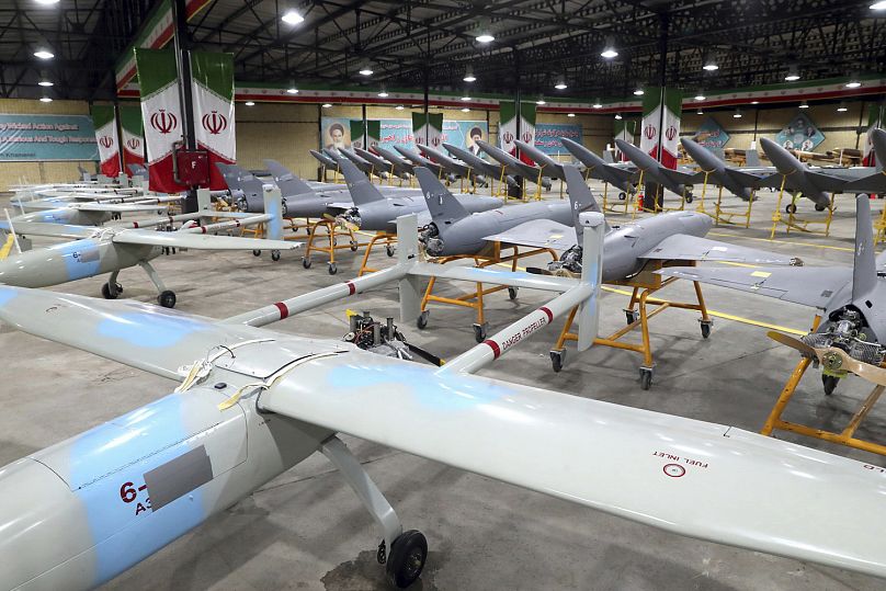 Iranian Army picture of Iran-made drones on display at a ceremony in April 2023
