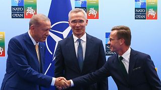 الأمين العام لحلف الناتو ينس ستولتنبرغ يتوسط رئيس الوزراء السويدي أولف كريسترسون والرئيس التركي رجب طيب إردوغان