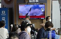 TV screen showing North Korea's missile launch during a news program at the Seoul Railway Station in Seoul, South Korea