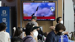 TV screen showing North Korea's missile launch during a news program at the Seoul Railway Station in Seoul, South Korea