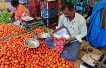 A vendor puts tomatoes in a single use plastic cover at a wholesale vegetable market in Hyderabad, India, 30 June 2022.