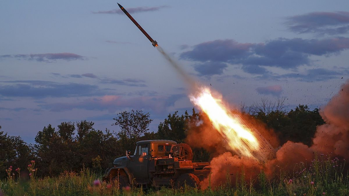 A Ukrainian army Grad multiple rocket launcher fires rockets at Russian positions in the frontline near Bakhmut, Donetsk region, Ukraine, Wednesday, July 12, 2023.