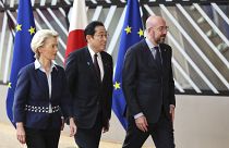 Japan's Prime Minister Fumio Kishida, with European Council President Charles Michel, and European Commission President Ursula von der Leyen at the EU-Japan Summit in 2023.