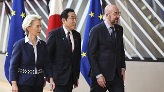 Japan's Prime Minister Fumio Kishida, European Council President Charles Michel, & European Commission President Ursula von der Leyen at the EU-Japan summit in Brussels.