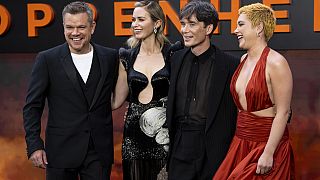 Matt Damon, from left, Emily Blunt, Cillian Murphy and Florence Pugh pose for photographers upon arrival at the London premiere of the film 'Oppenheimer'.