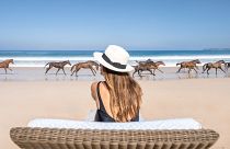 A woman sits on the beach as horses gallop past.