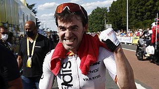 Spain's Ion Izagirre celebrates after winning the twelfth stage of the Tour de France cycling race over 169 kilometers (105 miles) with start in Roanne and finish in Bellevill