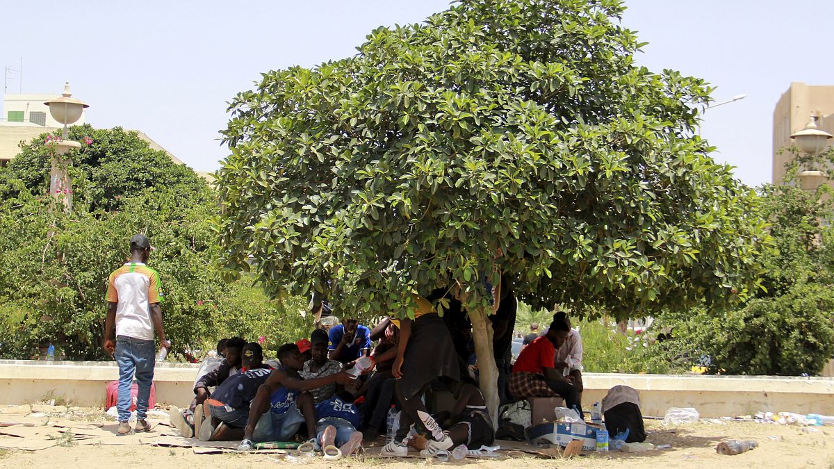 مهاجرون يستظلون تحت شجرة خلال تجمع في صفاقس، الساحل الشرقي لتونس. 2023/07/07