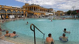 People in the reopened Szechenyi bath in Budapest, Hungary.