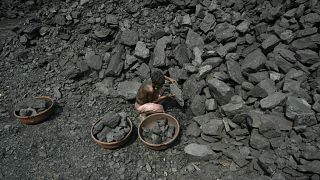 عامل هندي يملأ الفحم في سلال قبل تحميله في شاحنة في مقاطعة كوتاك في ولاية أوريسا، الهند، 21 أكتوبر 2010