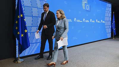 European Commission Vice-President Valdis Dombrovskis and Spain's Economy Minister Nadia Calviño briefed the press after Friday's meeting in Brussels.