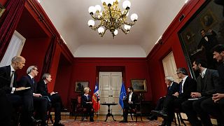 European Commission President Ursula Von Der Leyen, top, left, meets with Chilean President Gabriel Boric at La Moneda presidential palace in Santiago, Chile, June 14, 2023. 