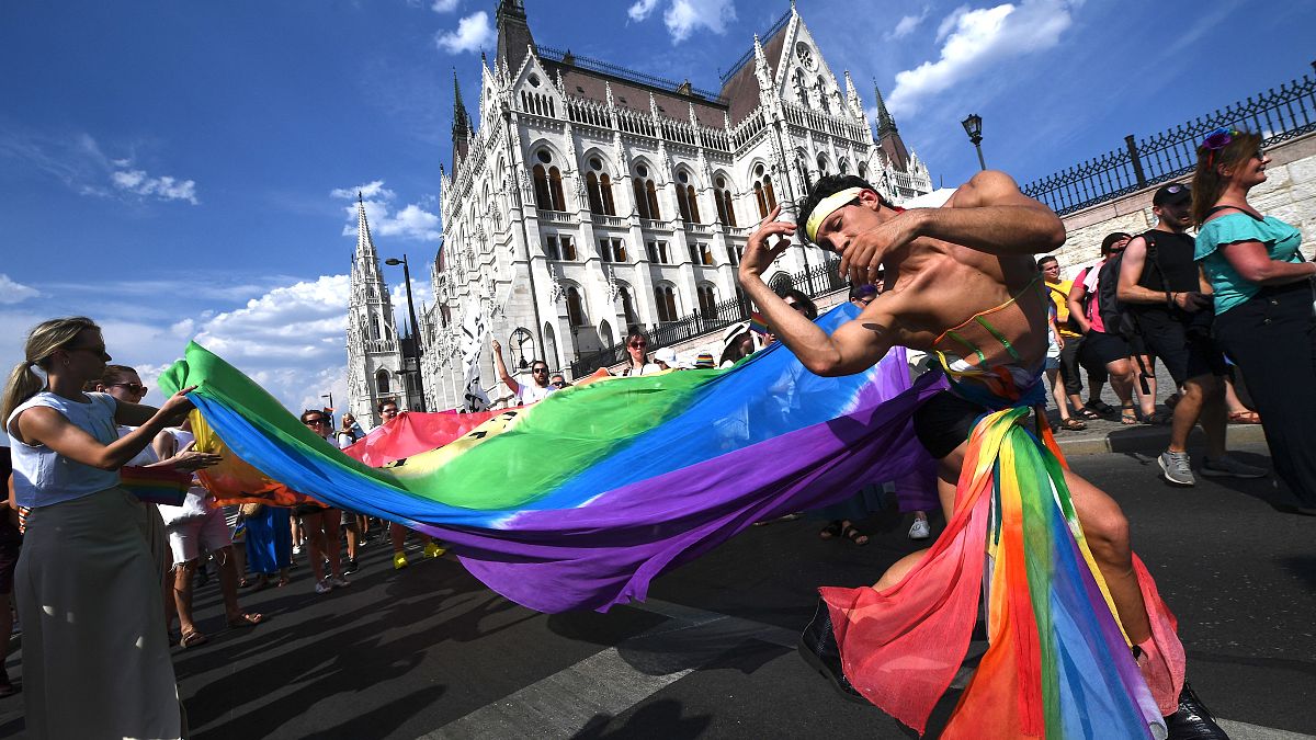 People take part in the LGBTIQA+ Pride Parade in Budapest