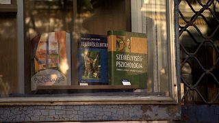 Витрина книжного магазина "Лира" в Будапеште