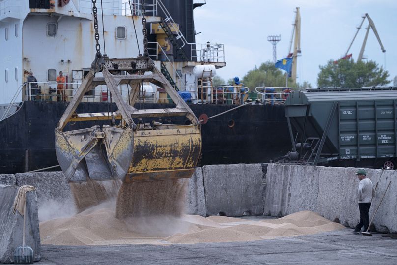 Ukrayna'nın Karadeniz kıyısındaki Izmail Limanı'ndan tahıl yüklemesi yapan bir gemi