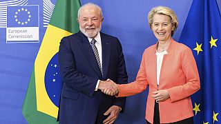 European Commission President Ursula von der Leyen, right, greets Brazil's President Lula da Silva prior to a meeting at EU headquarters in Brussels, Monday, July 17, 2023