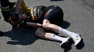 سقوط البلجيكي ناثان فان هويدونك خلال المرحلة الخامسة عشرة من سباق الدراجات في فرنسا