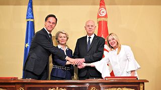 Премьер-министр Нидерландов Марк Рютте, председатель Еврокомиссии Урсула фон дер Ляйен, президент Туниса Каис Саидом и глава правительства Италии Джорджа Мелони.