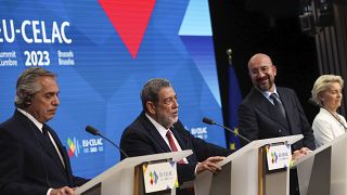 Leader speak at a joint news conference at the end of the third EU-CELAC summit in Brussels, Belgium, Tuesday, July 18, 2023