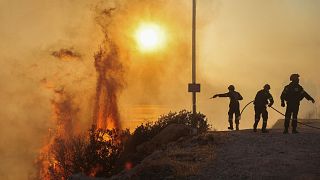 Firefighters try to extinguish a wildfire burning in Saronida, near Athens, Greece, July 17, 2023. 