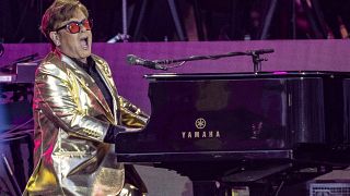 Elton John performs during Glastonbury Festival in Worthy Farm, Somerset, England, Sunday, June 25, 2023.