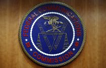 The seal of the Federal Communications Commission (FCC) is seen before an FCC meeting in Washington. 
