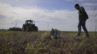 Ukrán gazda, földjén egy orosz rakéta maradványával