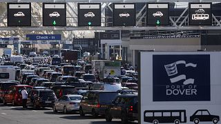 Vehicles queue up at the entrance to the Port of Dover, during the Easter Bank Holiday weekend, in Dover, Britain, 15 April 2022. 