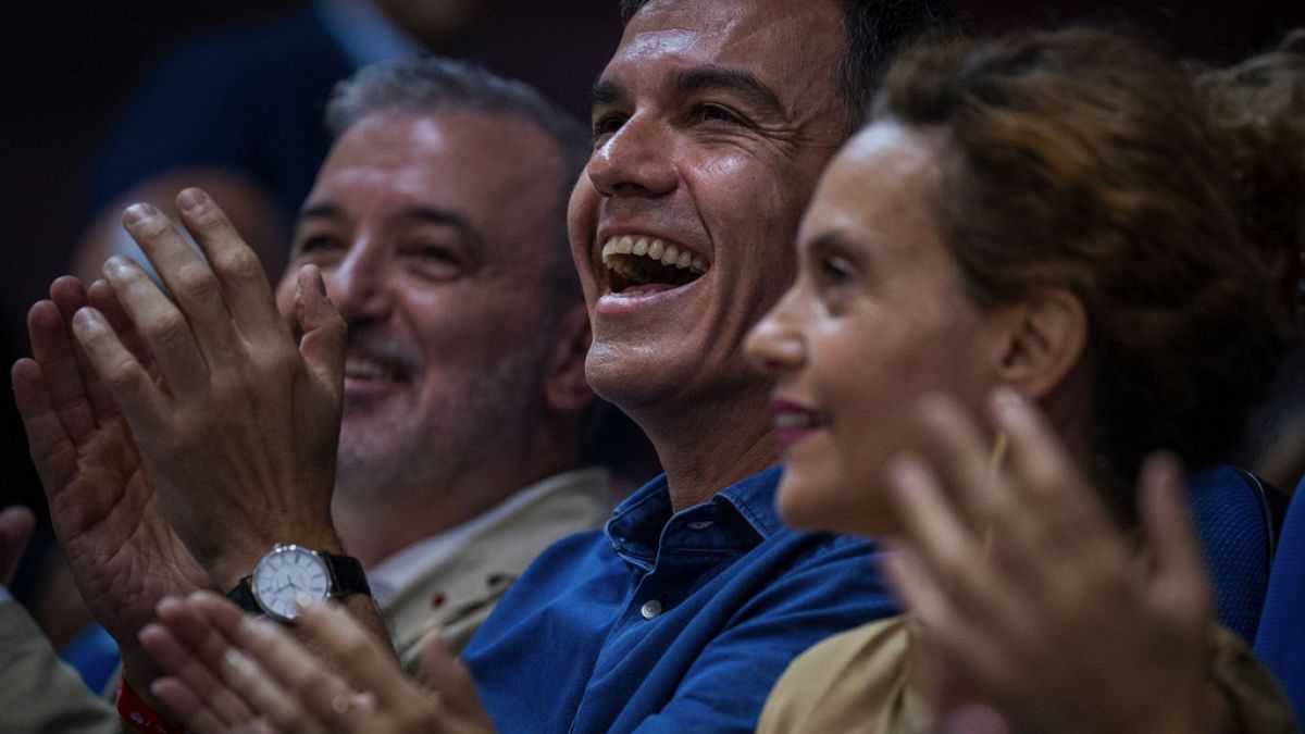 Spain's Prime Minister and Socialist Workers' Party candidate Pedro Sánchez takes part in a campaigning meeting in Barcelona, Spain, Sunday, July 16, 2023. 