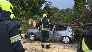 Firefighters remove fallen tree branches from damaged parked car after a powerful storm, in Zagreb, Croatia, Wednesday, July 19, 2023. 