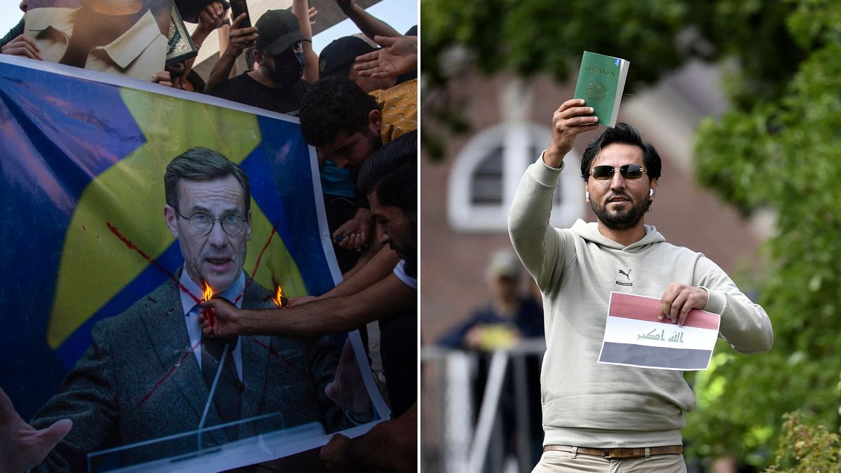 على اليمين اللاجئ العراقي الذي مزق القرآن، على اليسار محتجون في بغداد يحرقون صورة لرئيس وزراء السويد