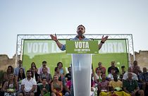 Santiago Abascal, leader du parti d'extrême droite VOX, en campagne électorale à Guadalajara, Espagne, le samedi 15 juillet 2023.