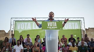 Santiago Abascal, leader du parti d'extrême droite VOX, en campagne électorale à Guadalajara, Espagne, le samedi 15 juillet 2023.