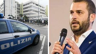 A police car (left) and Brothers of Italy's Giorgio Randazzo (right)