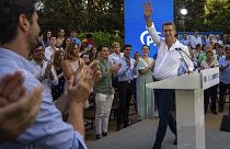 Popular Party candidate Nunez Feijoo arrives on stage to take part at a campaigning meeting in Barcelona, Spain, July 17, 2023.