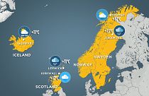 Mapa que mostra os locais do Norte da Europa com temperaturas mais baixas
