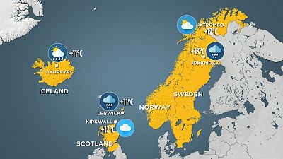 Map showing locations in northern Europe with cooler temperatures