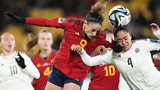 Spain's Esther Gonzalez, left, and Costa Rica's Mariana Benavides compete to head for the ball during the Women's World Cup Group C match.