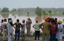 مزارعون ينظرون إلى محاصيلهم غارقة في مياه الفيضانات في قرية غونيوالا في ولاية البنجاب الهندية في 20 يوليو 2023.