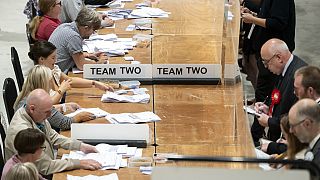 Votes are counted at Selby Leisure Centre in Selby, North Yorkshire, England, Thursday, July 20, 2023, in the Selby and Ainsty by-election.