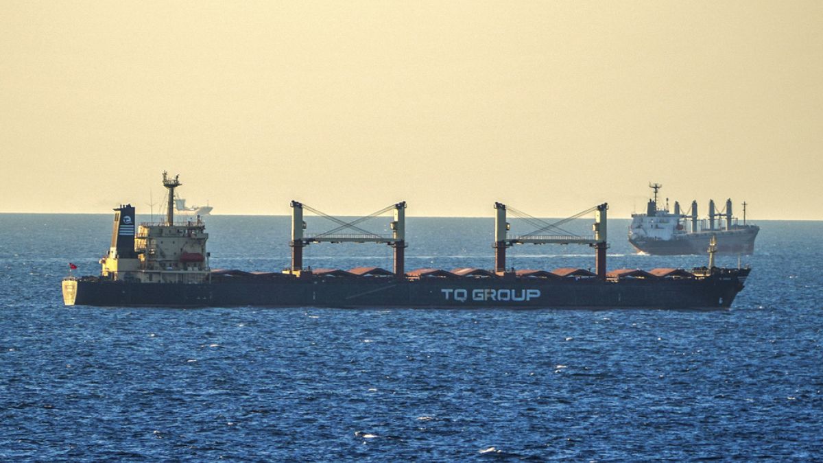 FILE - Bulk grain cargo ship TQ Samsun is anchored in the Black Sea near the entrance of the Bosphorus Strait in Istanbul, Turkey, Monday, July 17, 2023.