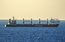 FILE - Bulk grain cargo ship TQ Samsun is anchored in the Black Sea near the entrance of the Bosphorus Strait in Istanbul, Turkey, Monday, July 17, 2023.