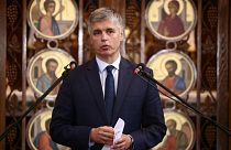 Ukraine's ambassador to the UK, Vadym Prystaiko speaks during a prayer service at Ukrainian Catholic Cathedral, in London, on July 8, 2023