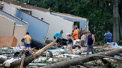 Des maisons détruites par une tornade le mercredi 19 juillet 2023 à Dortches, Caroline du Nord.