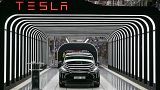 An electric vehicle of the model Y is pictured during the start of the production at Tesla's "Gigafactory" on March 22, 2022 in Gruenheide, southeast of Berlin. 