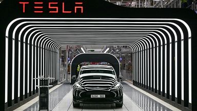 An electric vehicle of the model Y is pictured during the start of the production at Tesla