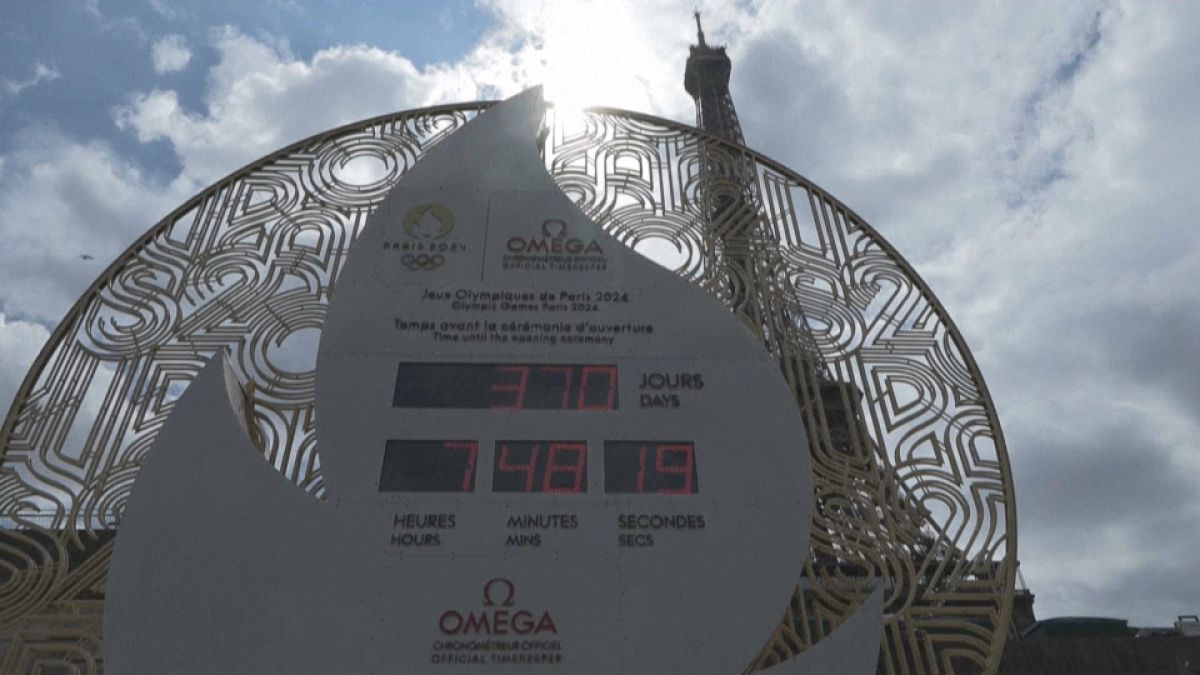 Paris' Eiffel Tower and the clock indicating the number of days before the 2024 Olympic Games. 